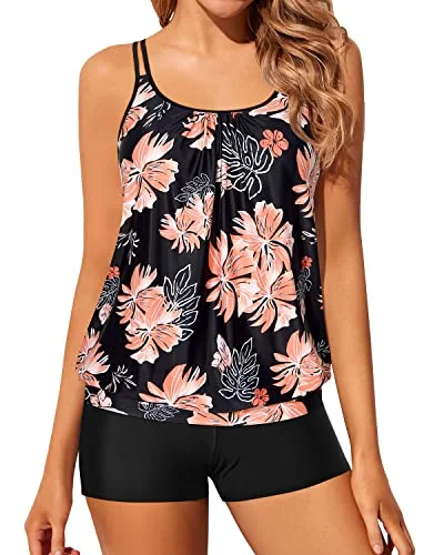 tie-front swimwear suit-Adjustable Shoulder Straps Tankini Boyshort Swimsuits-Black Orange Floral