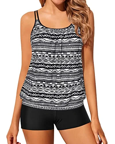 stretchy nylon swimwear-2 Piece Women Loose Blouson Tankini Tops Bathing Suits-Black Tribal