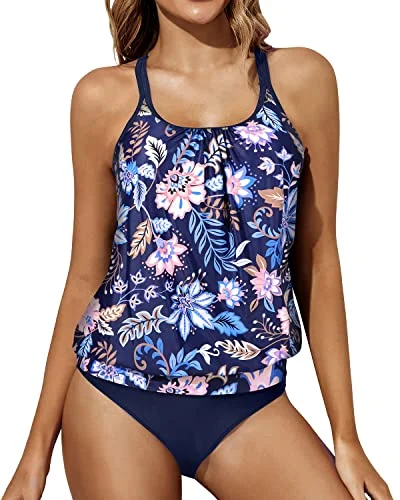 stretch swimwear fabric-Adjustable Shoulder Straps Tankini Swimsuits-Blue Floral