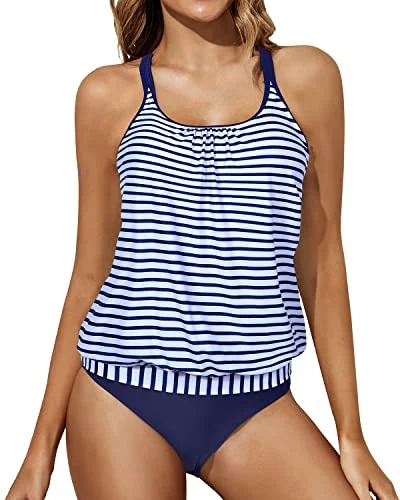 durable polyester swimwear-7 Soft Removable Padded Push Up Tankini Swimsuits-Blue White Stripe