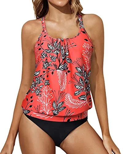 lightweight swimwear set-2 Piece Soft Padded Push Up Scoop Neck Tankini Set-Red Floral