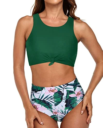 bold leopard swimwear-Athletic Scoop Neck Bikini Set High Waisted Bottom-Green Tropical Floral