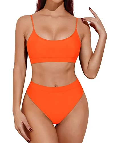 minimalist swimwear style-Cheeky High Cut Swimsuits High Waisted Bikini Sporty Scoop Neck Swimsuits-Neon Orange