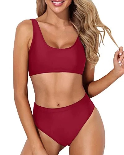 deep V-neck swimwear-Bathing Suit Sexy Cheeky Bottom Two Piece Scoop Neck Bikini For Women-Red