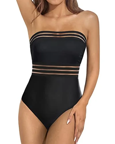 One Piece Swimsuits With Tummy Control Strapless Bathing Suits For Women-Black