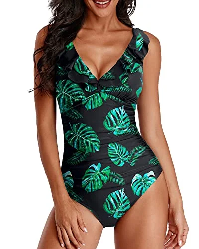 Slimming One Piece Swimsuit With Falbala Shoulder-Black And Green Leaf