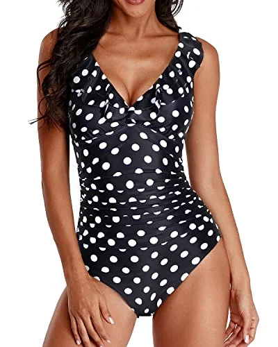 Tummy Control One Piece Swimsuit For Women-Black Dot