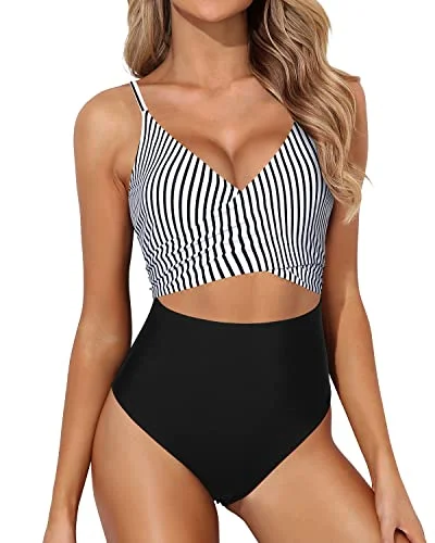 Sexy V Neck Tummy Control One Piece Swimsuits For Women-Black And White Stripe