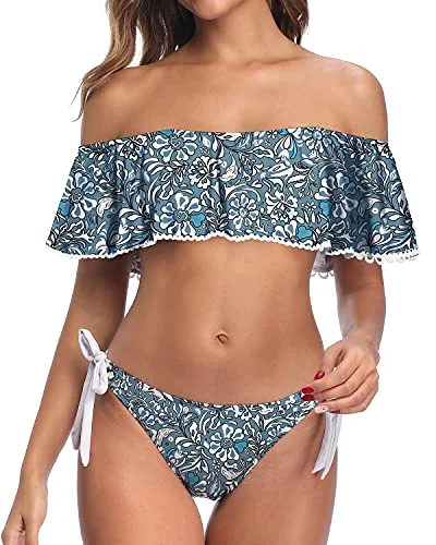 quick-dry floral swimwear-Cheeky Hipster Off Shoulder Ruffle Bikini For Women-Blue Floral