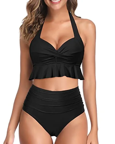 deep V-neck swimwear-Adjustable Halter Neck Two Piece Swimsuits-Black