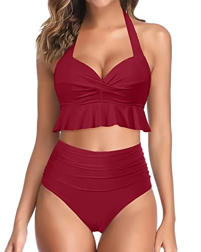 chic halter swimwear-2 Piece Push Up Ruffle Bikini Womens Tummy Control Swimsuits-Red