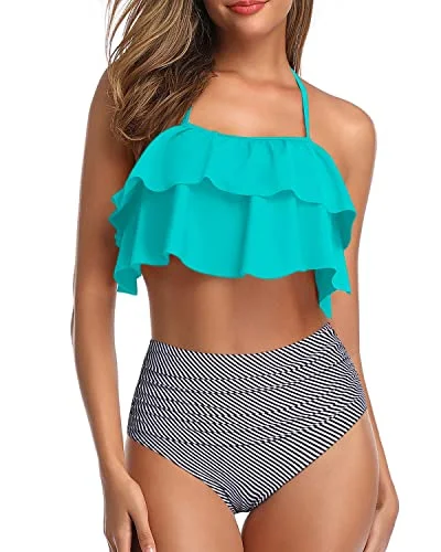 breathable mesh swimwear-Classic Two-Piece Bikini Backless Design-Aqua Stripe