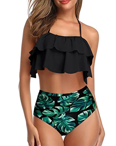 tie-dye swimwear suit-Elegant High Waisted Halter Bikini Set Tiered Ruffles-Black Leaf