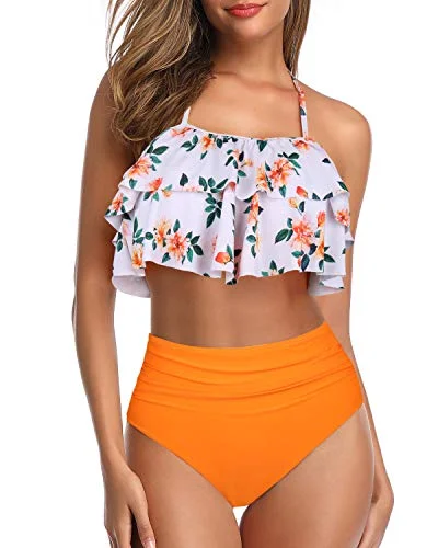 soft swimwear fabric-Chic Halter Bathing Suits Tummy Control Bottoms For Women-Orange Floral